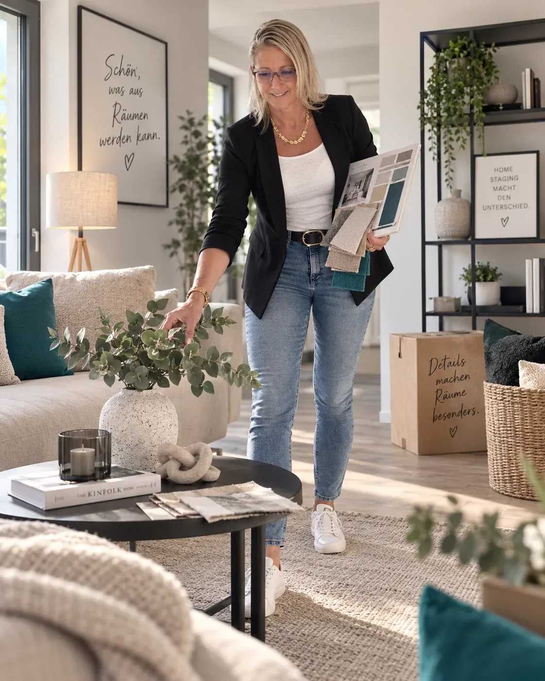 Diana Stilp mit Materialmustern bei der Gestaltung eines Wohnraums