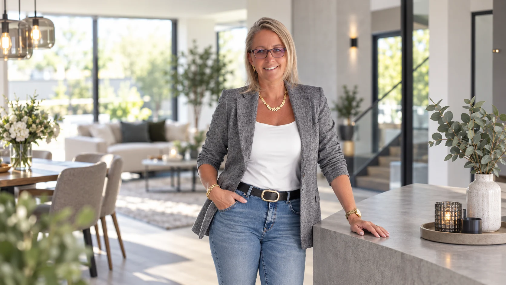 KI-generierte Darstellung von Diana Stilp in einem modernen Wohnraum